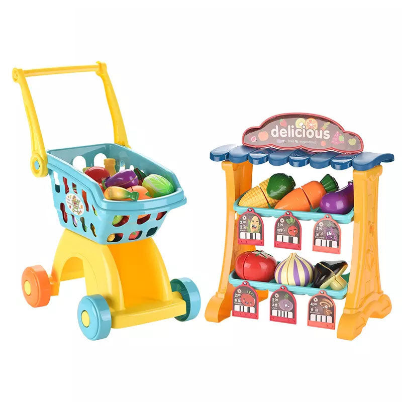 Children's Supermarket Stall Shopping Toy | Kids Shopping Trolley with Play Food Set