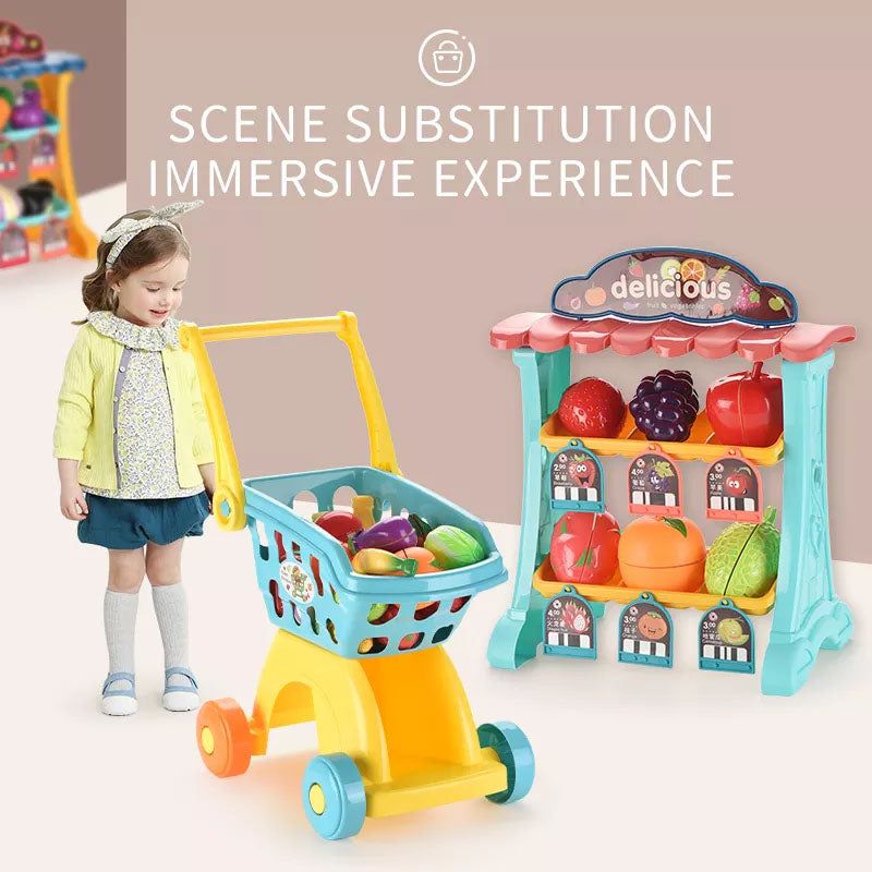 Children's Supermarket Stall Shopping Toy | Kids Shopping Trolley with Play Food Set