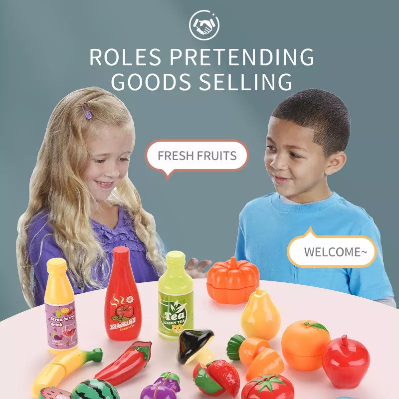 Children's Supermarket Stall Shopping Toy | Kids Shopping Trolley with Play Food Set