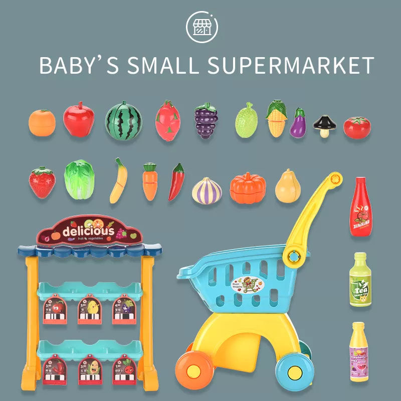 Children's Supermarket Stall Shopping Toy | Kids Shopping Trolley with Play Food Set