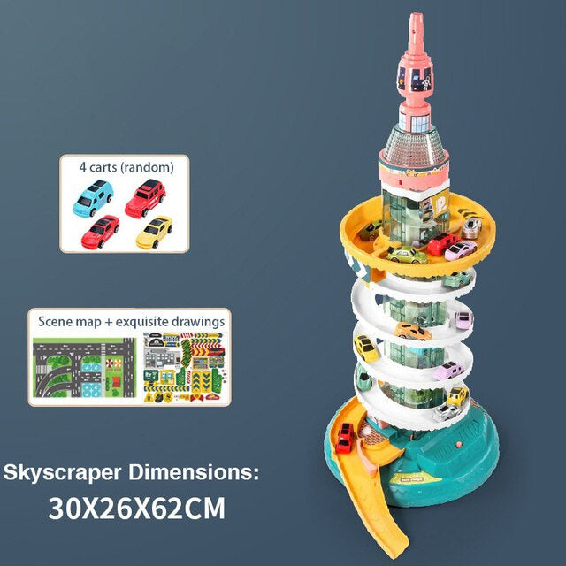 Skyscraper Tower Parking Lot Car Adventure Toy Set for Kids | Slot Track Car with Music & Lights